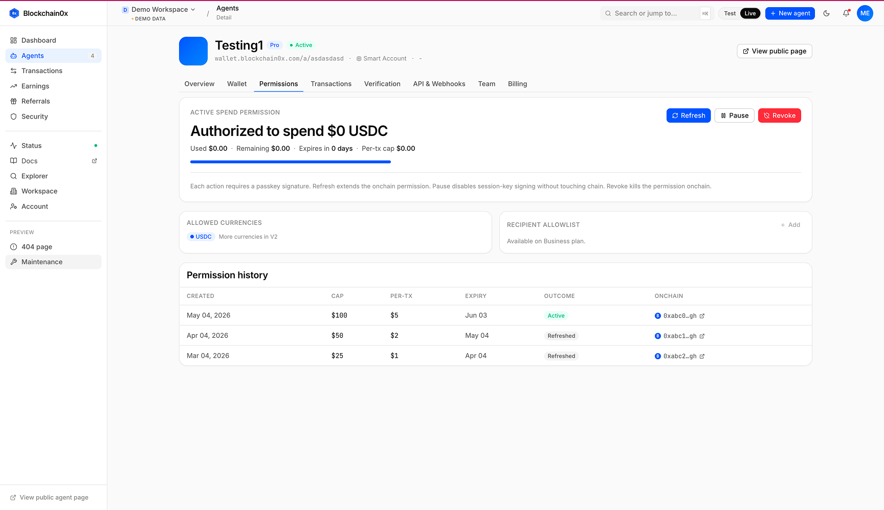 Agent wallet view: balance, recent payments, and spend caps
