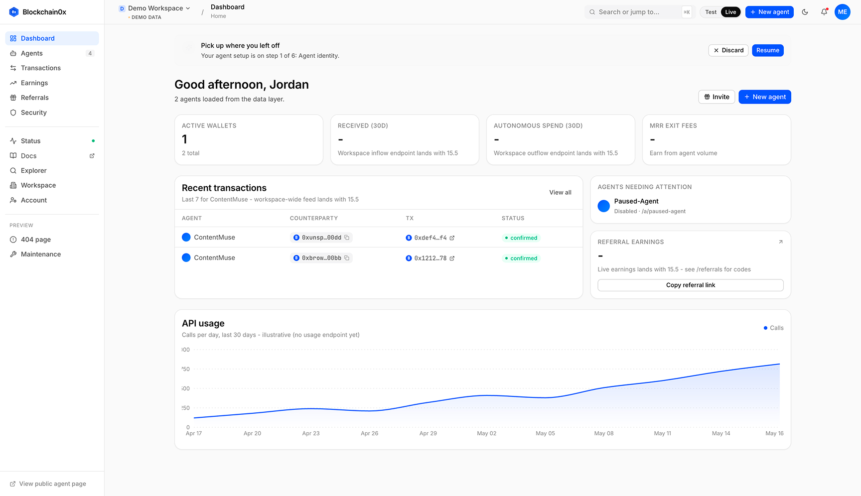 Dashboard view: spend permissions per agent - allowance, per-transaction cap, period