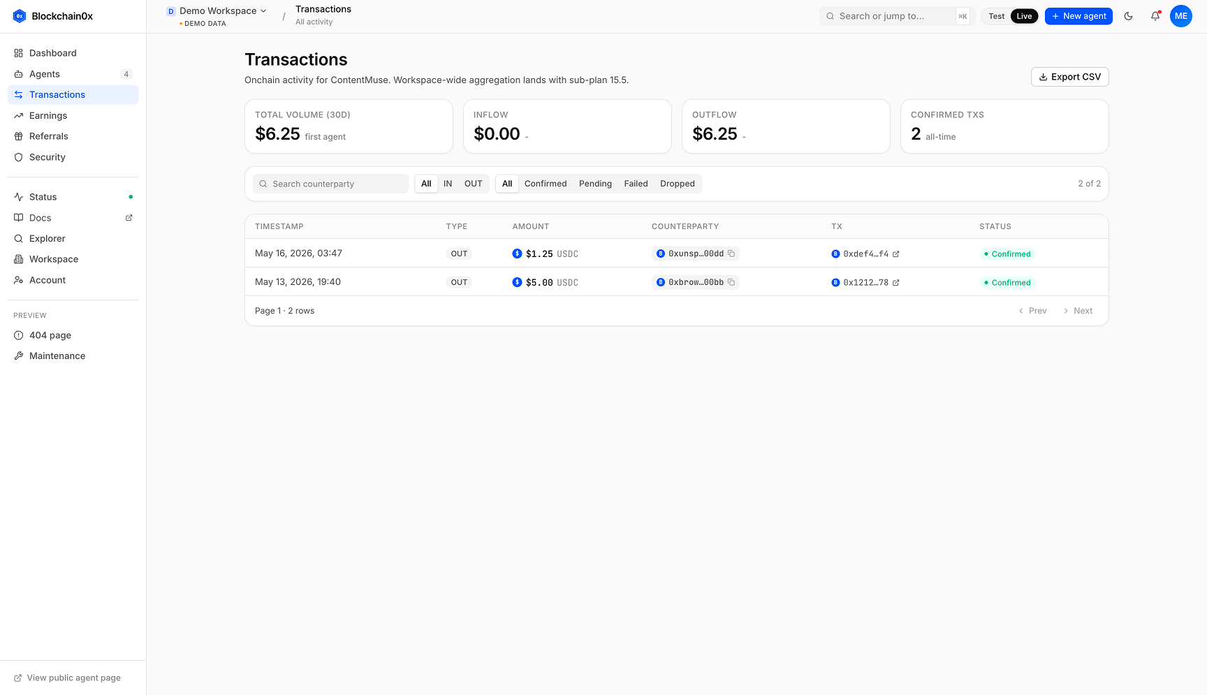 Transactions view: incoming USDC payments confirmed on Base
